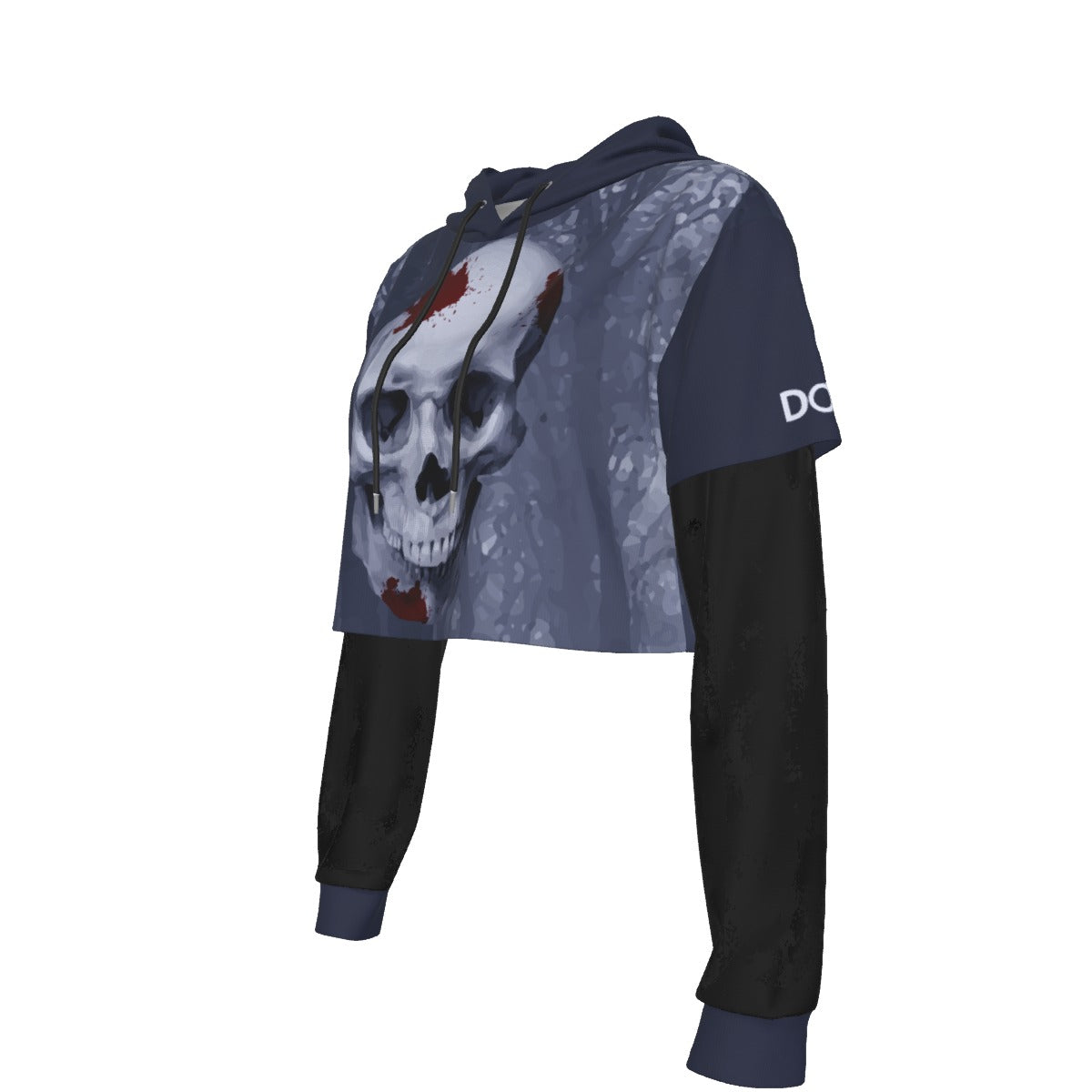 DOC Grey Skull Women's Fake Two-piece Mesh Sleeve Cropped Hoodie