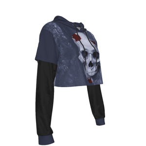 DOC Grey Skull Women's Fake Two-piece Mesh Sleeve Cropped Hoodie