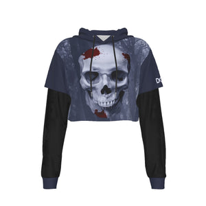 DOC Grey Skull Women's Fake Two-piece Mesh Sleeve Cropped Hoodie