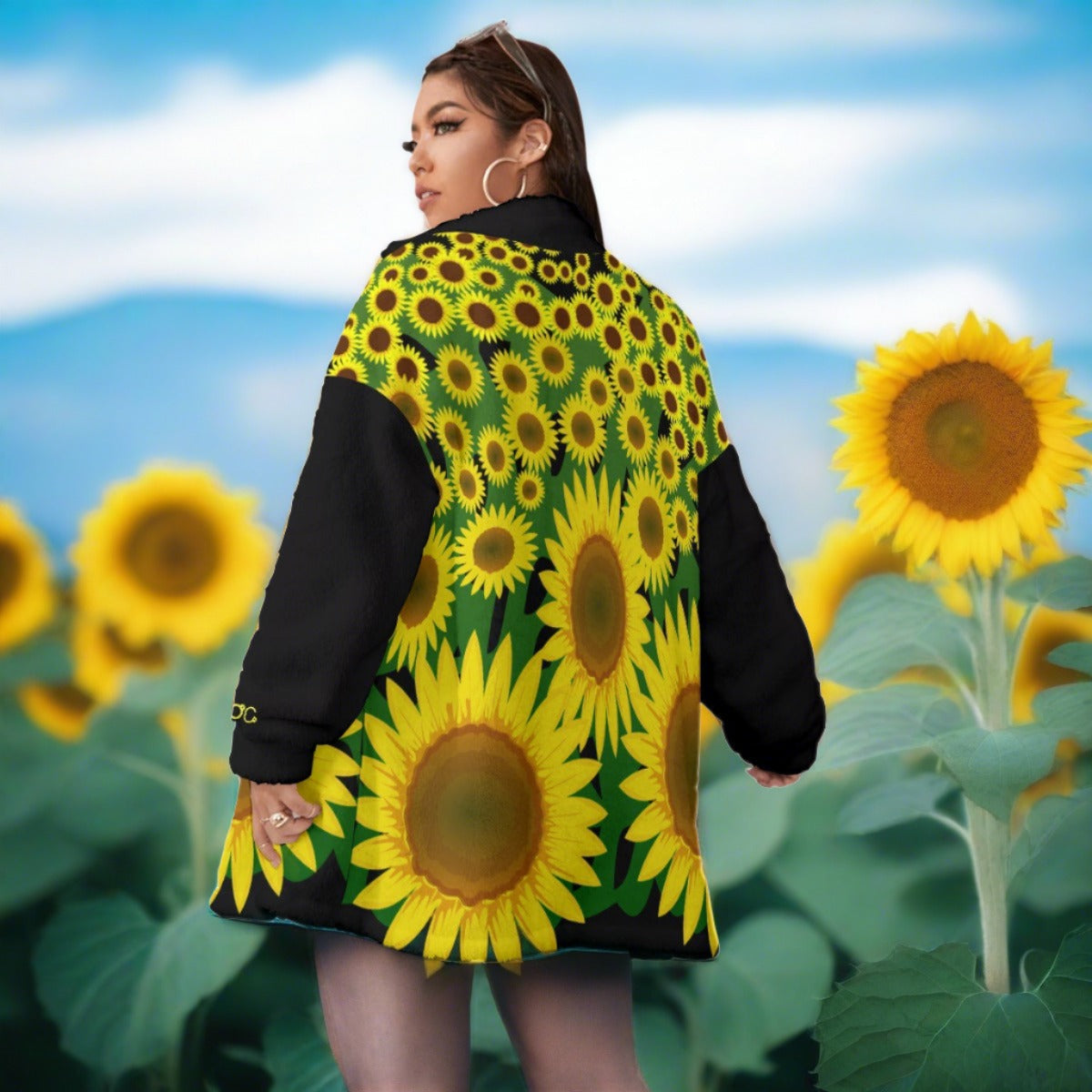 D.O.C. Sunflowers Borg Fleece Stand-up Collar Coat With Zipper Closure (Plus Size)