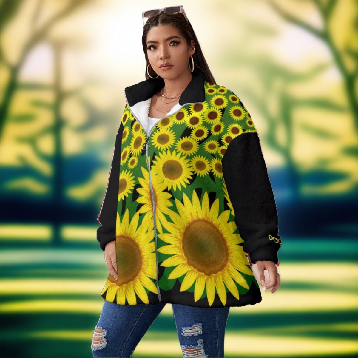 D.O.C. Sunflowers Borg Fleece Stand-up Collar Coat With Zipper Closure (Plus Size)