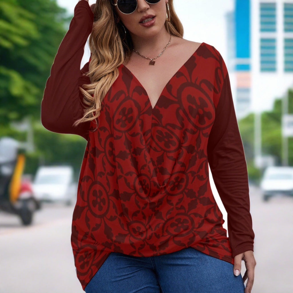 Renaissance Women's V-neck Plus Draped Longline T-shirt With Long Sleeve (Plus Size)