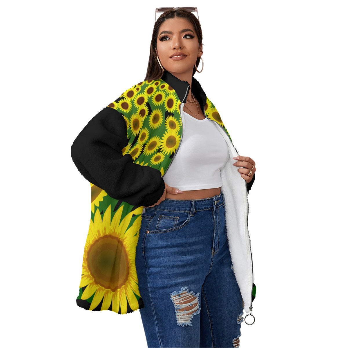 D.O.C. Sunflowers Borg Fleece Stand-up Collar Coat With Zipper Closure (Plus Size)