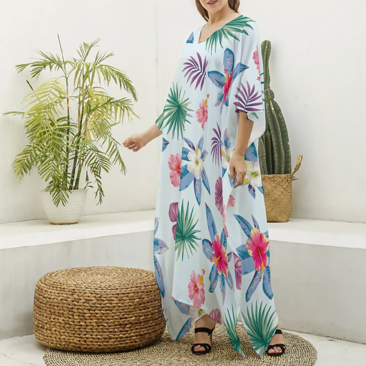 Spring Flowers Women's Imitation Silk V-neck Kaftan Robe